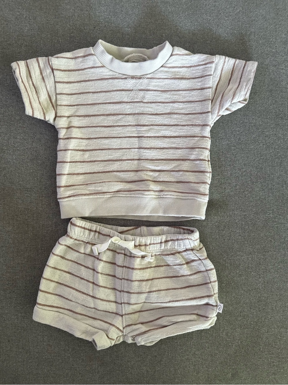 Little Planet By Carters Organic Cotton Beige Neutral Stripe Shirt & Shorts Set